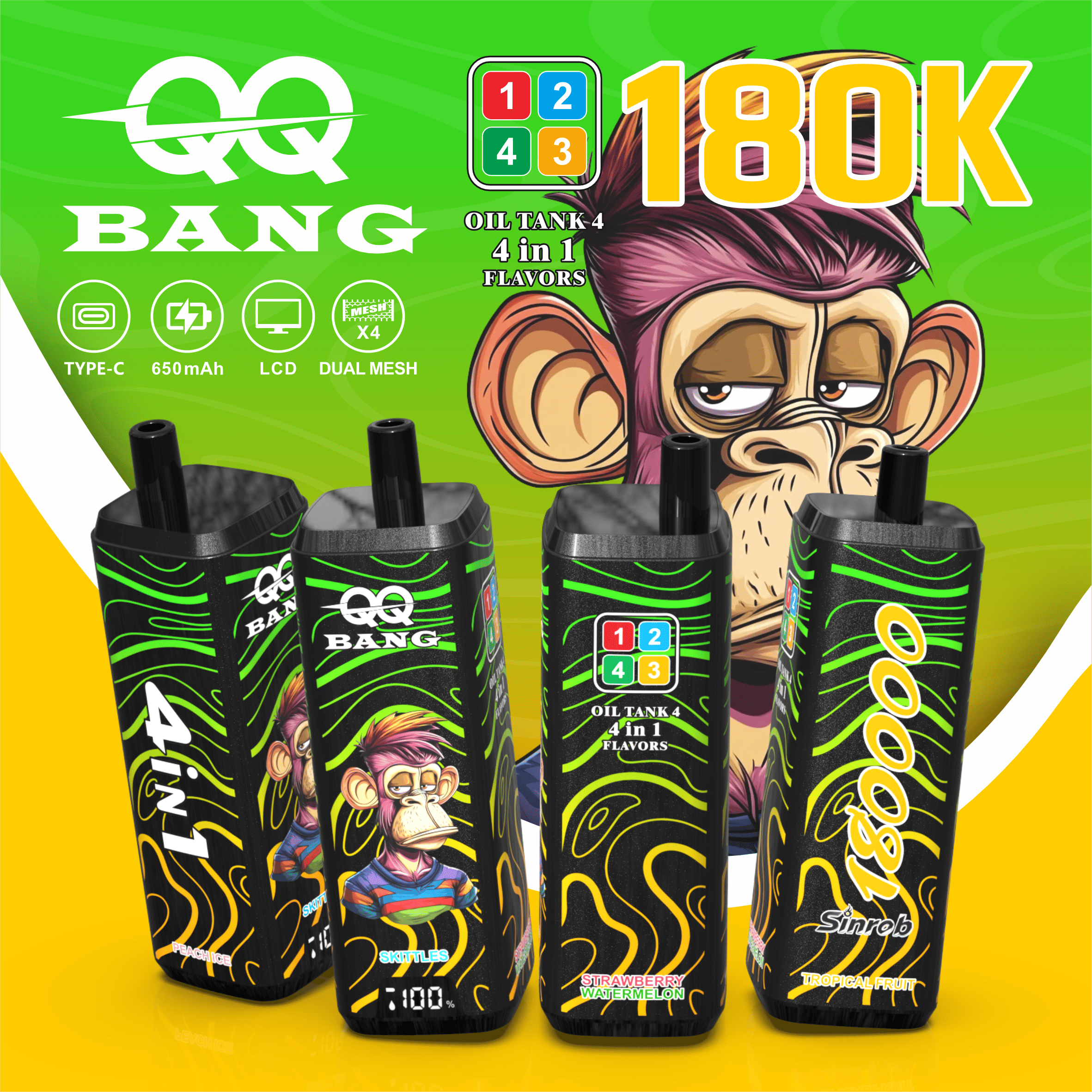 VapePurchase-qq-bang-180000-180k-puffs-tropical-fruit-peach-ice-skittles-strawberry-watermelon.webp QQ Bang 180K Puffs - jednorazowy vape 4 w 1 z LCD Display - obrazek 1